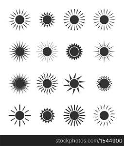 Sun icon. Circles with sunlights. Silhouettes for sunrise or sunset. Set of black logos for art, cartoon and meteorology. Symbol of nature, burst, summer and hot. Graphic shapes for label. Vector.. Sun icon. Circles with sunlights. Silhouettes for sunrise or sunset. Set of black logos for art, cartoon and meteorology. Symbol of nature, burst, summer and hot. Graphic shapes for label. Vector