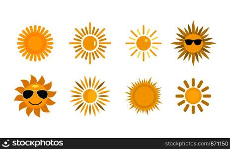 Sun icon set. Flat set of sun vector icons for web design isolated on white background. Sun icon set, flat style