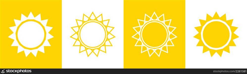 Sun icon. Simple outline sun icon. Line icons of summer. Yellow logos with sunbeam isolated on yellow and white backgrounds. Vector.