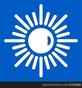 Sun icon white isolated on blue background vector illustration. Sun icon white
