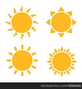 Sun icons cartoon. Yellow star pictogram suns icon different shapes. Sunny weather hot summer season symbol, solar silhouettes, tattoo or logotype element. Vector isolated on white background set. Sun icons cartoon. Yellow star pictogram suns icon different shapes. Sunny weather hot summer season symbol, solar silhouettes, tattoo or logotype element. Vector isolated set