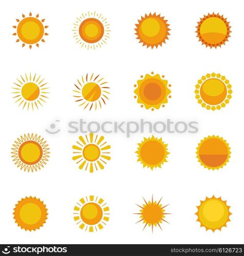 Sun Icons Collection. Colorful sun icons collection for design on white background with sunbeams flat isolated vector illustration