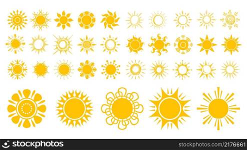 Sun icons. Isolated yellow suns, flat and sketch sunny elements. Spring summer season, good hot weather vector symbols. Sun yellow, weather light sunny and shine illustration. Sun icons. Isolated yellow suns, flat and sketch sunny elements. Spring summer season, good hot weather vector symbols