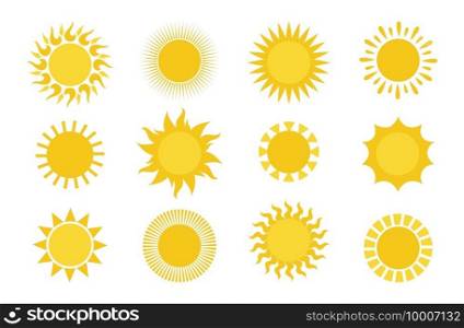 Sun icons. Round simple graphic element collection, summer sun yellow weather symbols for print and logo. Graphic circle sunshine solar silhouettes for decor, vector set isolated on white background. Sun icons. Round simple graphic element collection, summer sun yellow weather symbols for print and logo. Graphic circle sunshine solar silhouettes, vector set isolated on white