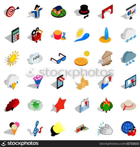 Sun icons set. Isometric style of 36 sun vector icons for web isolated on white background. Sun icons set, isometric style