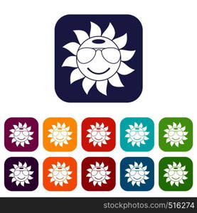 Sun icons set vector illustration in flat style in colors red, blue, green, and other. Sun icons set