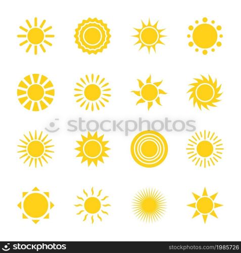 Sun icons. Simple solar labels, different shapes sunburst, decorative weather elements, yellow sunshine signs, rays forms variations, summer season symbol. Vector isolated on white background set. Sun icons. Simple solar labels, different shapes sunburst, decorative weather elements, yellow sunshine signs, rays forms variations, summer season symbol. Vector isolated set