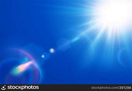 Sun in blue sky. Warm solar lens flare in clear skies, sunny day and sun light rays. Sunbeam ray, sunshine beam sparkle or peace sky vector illustration. Sun in blue sky. Warm solar lens flare in clear skies, sunny day and sun light rays vector illustration
