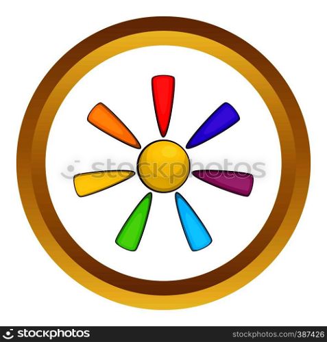 Sun in colours of LGBT vector icon in golden circle, cartoon style isolated on white background. Sun in colours of LGBT vector icon