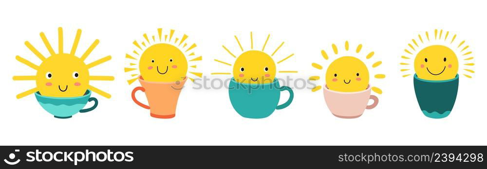 Sun in cup. Cute suns in mugs. Sunshine, good morning concept. Coffee, tea, cocoa drinks. Popular beverages with sunny characters vector set. Illustration cute cup with sun, good drink. Sun in cup. Cute suns in mugs. Sunshine, good morning concept. Coffee, tea, cocoa drinks. Popular beverages with sunny characters vector set