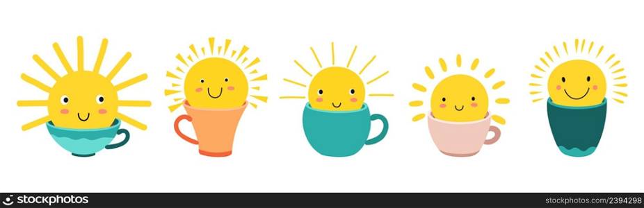 Sun in cup. Cute suns in mugs. Sunshine, good morning concept. Coffee, tea, cocoa drinks. Popular beverages with sunny characters vector set. Illustration cute cup with sun, good drink. Sun in cup. Cute suns in mugs. Sunshine, good morning concept. Coffee, tea, cocoa drinks. Popular beverages with sunny characters vector set