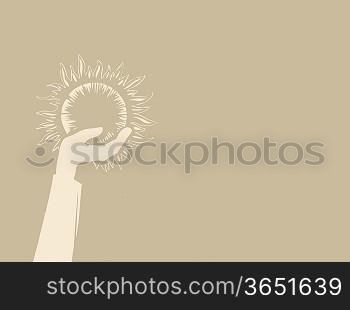sun in hand on brown background, vector illustration