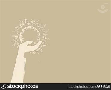 sun in hand on brown background, vector illustration