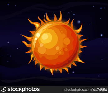 Sun in space star background. Bright and hot orange sun. Element of solar system. Cosmic galaxy background with bright shining stars. Solar system. Cool sun in space. Vector illustration.. Sun in Space Background