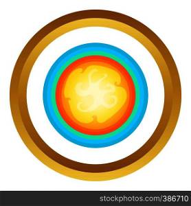 Sun in the sky vector icon in golden circle, cartoon style isolated on white background. Sun in the sky vector icon