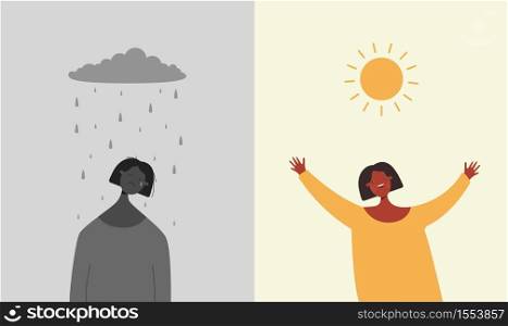 Sun is happy rain sad illustration. Character is sad when it rains and depressive weather rejoices when sun shines brightly two bipolar flat opposites psychological vector mood swings.. Sun is happy rain sad illustration. Character is sad when it rains and depressive weather rejoices when sun shines.