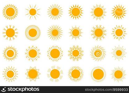 Sun isolated graphic elements set in flat design. Bundle of orange suns with sunlight in different shapes, summer geometric sunny symbols for seasonal decor or weather forecast. Vector illustration.