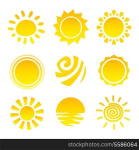Sun light summer heat yellow beam stars icons set isolated vector illustration
