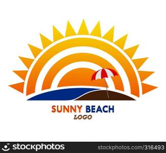 Sun logo and inscription Sunny Beach, flat design, color image