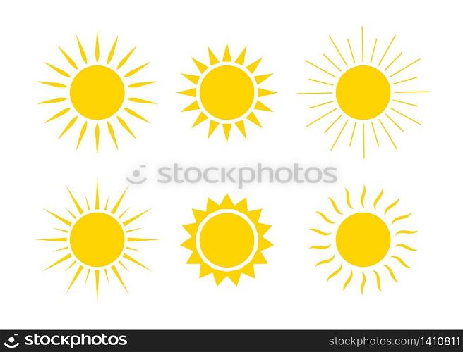 Sun logos. Icons of sunrise, sunset with sunbursts. Cute drawing of sunshine for kids. Happy spring and summer morning. Yellow and orange cartoon graphic shapes. Collection silhouettes of suns. Vector. Sun logos. Icons of sunrise, sunset with sunbursts. Cute drawing of sunshine for kids. Happy spring, summer morning. Yellow and orange cartoon graphic shapes. Collection silhouettes of suns. Vector.