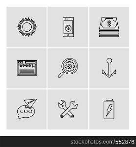 sun , mobile , money , web , search , anchor , message , battery , icon, icons, set, line, vector, business, sign, symbol, outline,