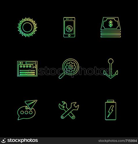 sun , mobile , money , web , search , anchor , message , battery , icon, icons, set, line, vector, business, sign, symbol, outline,