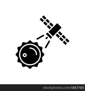 Sun observation process black glyph icon. Interstellar research mission. Heliophysics science investigation perfomance. Silhouette symbol on white space. Vector isolated illustration. Sun observation process black glyph icon