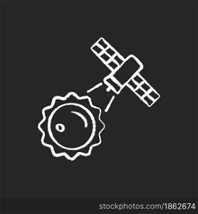 Sun observation process chalk white icon on dark background. Interstellar research mission. Heliophysics science investigation perfomance. Isolated vector chalkboard illustration on black. Sun observation process chalk white icon on dark background