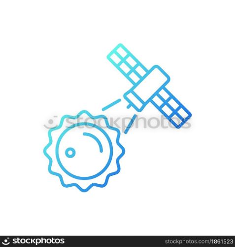 Sun observation process gradient linear vector icon. Heliophysics science investigation by artifial satelite. Thin line color symbol. Modern style pictogram. Vector isolated outline drawing. Sun observation process gradient linear vector icon