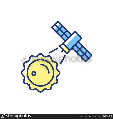 Sun observation process yellow RGB color icon. Heliophysics science investigation by artifial satelite. Thin line customizable illustration. Isolated vector illustration. Simple filled line drawing. Sun observation process yellow RGB color icon