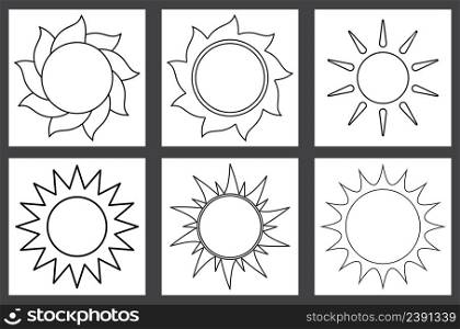 Sun outline set. Line art icons of different sun shape. Vector illustration isolated on white