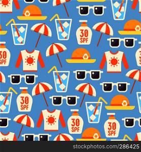 Sun protect seamless pattern with lotion, sun glasses, beach umbrella, t-shirt and hat. Vector illustration. Sun protect seamless pattern with lotion, sun glasses, beach umbrella