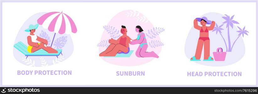 Sun protection compositions with flat human characters sunburn body skin protection methods with editable text captions vector illustration