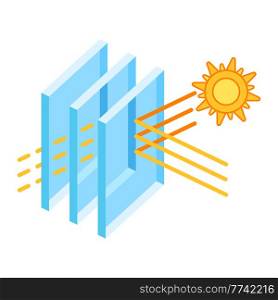 Sun protection with glass layers. Cross section double glazed window. Infographics showing properties. Image for businesses and construction industry.. Sun protection with glass layers. Cross section double glazed window. Infographics showing properties.