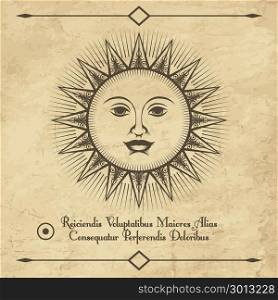 Sun retro emblem. Sun retro emblem. Vintage antique drawing sun face sketch, old engraving vector illustration