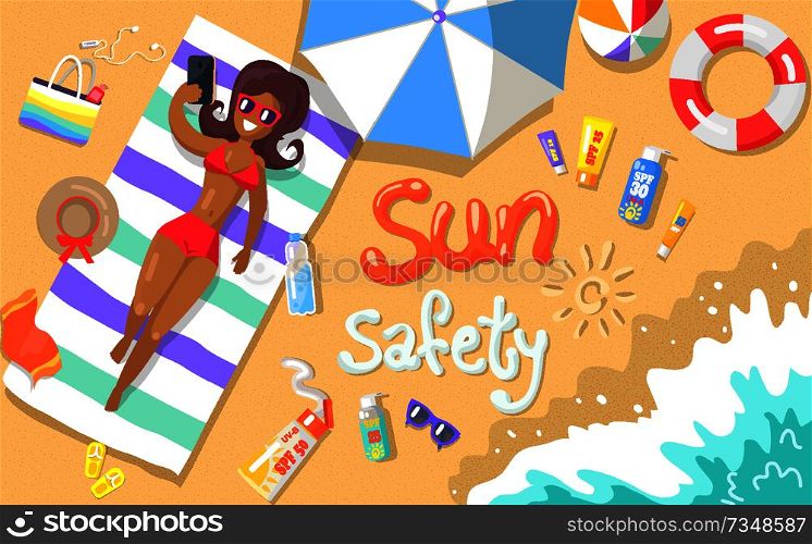 Sun safety poster with inscription depicting seaside. Vector illustration of woman lying on beach with various object scattered around her. Sun Safety Poster Depicting Woman at Seaside