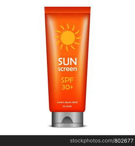 Sun screen tube icon. Realistic illustration of sun screen tube vector icon for web design isolated on white background. Sun screen tube icon, realistic style