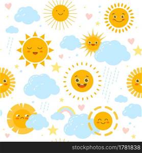 Sun seamless pattern. Baby cute print with weathers happy or sad smiles. Rainbow and clouds with raindrops. Funny nursery decor. Cartoon kids soft pastel colors stars and hearts. Vector background. Sun seamless pattern. Baby print with weathers happy or sad smiles. Rainbow and clouds with raindrops. Funny nursery decor. Kids soft pastel colors stars and hearts. Vector background