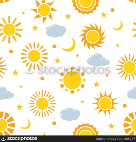 Sun seamless pattern. Childish cute background with flat sky elements. Funny summer symbols. Clouds and sunshine. Clear weather nursery print design. Solar signs. Stars and crescent. Vector wallpaper. Sun seamless pattern. Childish background with sky elements. Funny summer symbols. Clouds and sunshine. Clear weather nursery print. Solar signs. Stars and crescent. Vector wallpaper