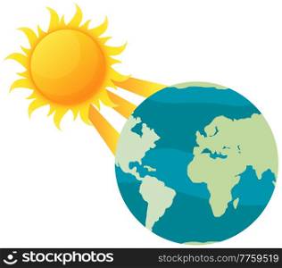 Sun shines rays on planet and heats it. Global warming and environmental problems. Temperature of Earth is rising due to greenhouse effect and human activity. World globe vector illustration. Sun shines rays on planet and heats it. Global warming and environmental problems concept