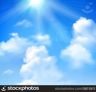 Sun shining in blue sky with white clouds realistic background vector illustration. Sun Shining In Sky