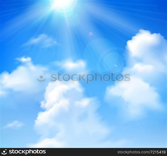 Sun shining in blue sky with white clouds realistic background vector illustration. Sun Shining In Sky