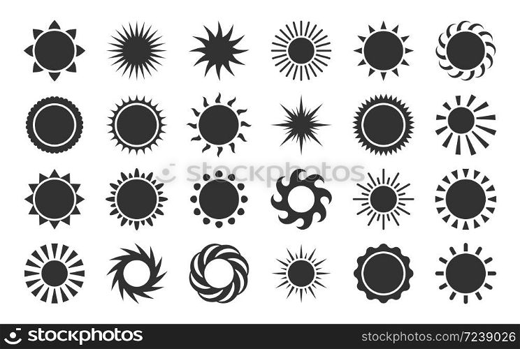 Sun silhouette cartoon icon set. Black sunlight sunset star. Abstract graphic solar vector symbols. collection on white background for graphic and web design, tattoo or logo vector collection. Sun silhouette cartoon icon set. Black sunlight sunset star. Abstract graphic solar vector symbols. Collection on white background for graphic and web design