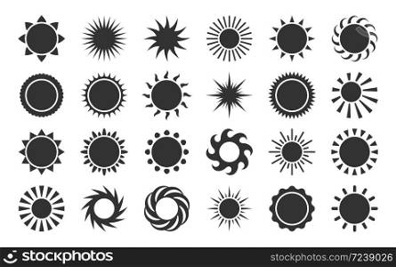 Sun silhouette cartoon icon set. Black sunlight sunset star. Abstract graphic solar vector symbols. collection on white background for graphic and web design, tattoo or logo vector collection. Sun silhouette cartoon icon set. Black sunlight sunset star. Abstract graphic solar vector symbols. Collection on white background for graphic and web design