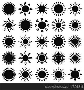 Sun silhouette icon. Summer sunlight, hot sunny day silhouettes and natural warm light icon. Sunburst silhouette, sun sunlight and sunbeam shape. Vector isolated illustration symbol set. Sun silhouette icon. Summer sunlight, hot sunny day silhouettes and natural warm light icon vector illustration set