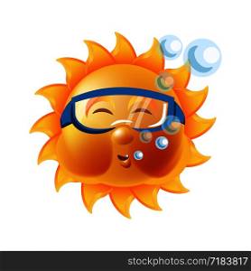 Sun smile or summer cartoon emoticon and emoji sunny face expression. Vector isolated icon of shining smiling character. Sun smile or summer cartoon emoticon and emoji sunny face expression.