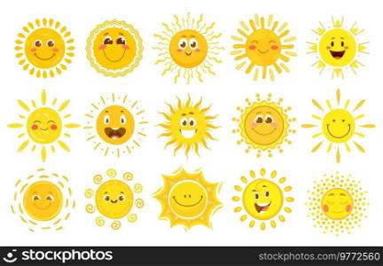 Sun smiles, sunshine cute characters, happy summer cartoon faces, vector icons. Spring sunny weather emoticons and sun emoji in yellow doodle sketch, funny morning sun joy emotion characters. Sun smiles, sunshine cute characters, summer emoji