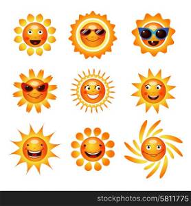 Sun smiley pictograms of happy smiling and laughing human faces in sunglasses collection abstract isolated vector illustration . Sun smile smiley icons collection