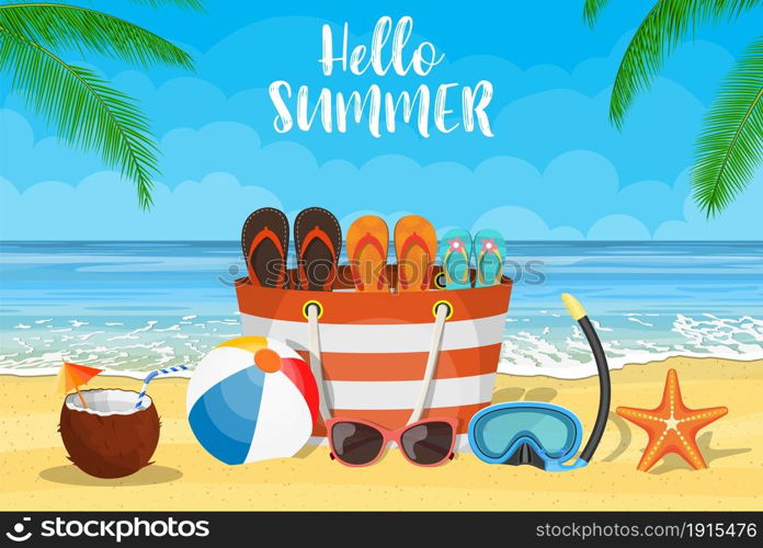 Sun, sparkling ocean and palms. Tropical background with beach bag, flip-flops, sunglasses, starfish and ball on the sandy beach. Sun, sparkling ocean and palms.