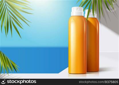 Sun spray blank bottles on white balcony with green palm leaves, 3d illustration bokeh summer ocean background. Sun spray blank bottles